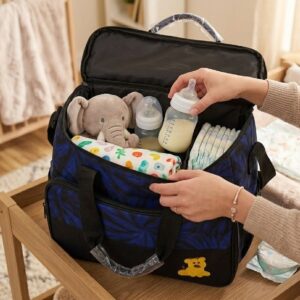 Blue 4-piece baby diaper bag set with travel bags, bottle holder and accessory pouch for newborn essentials