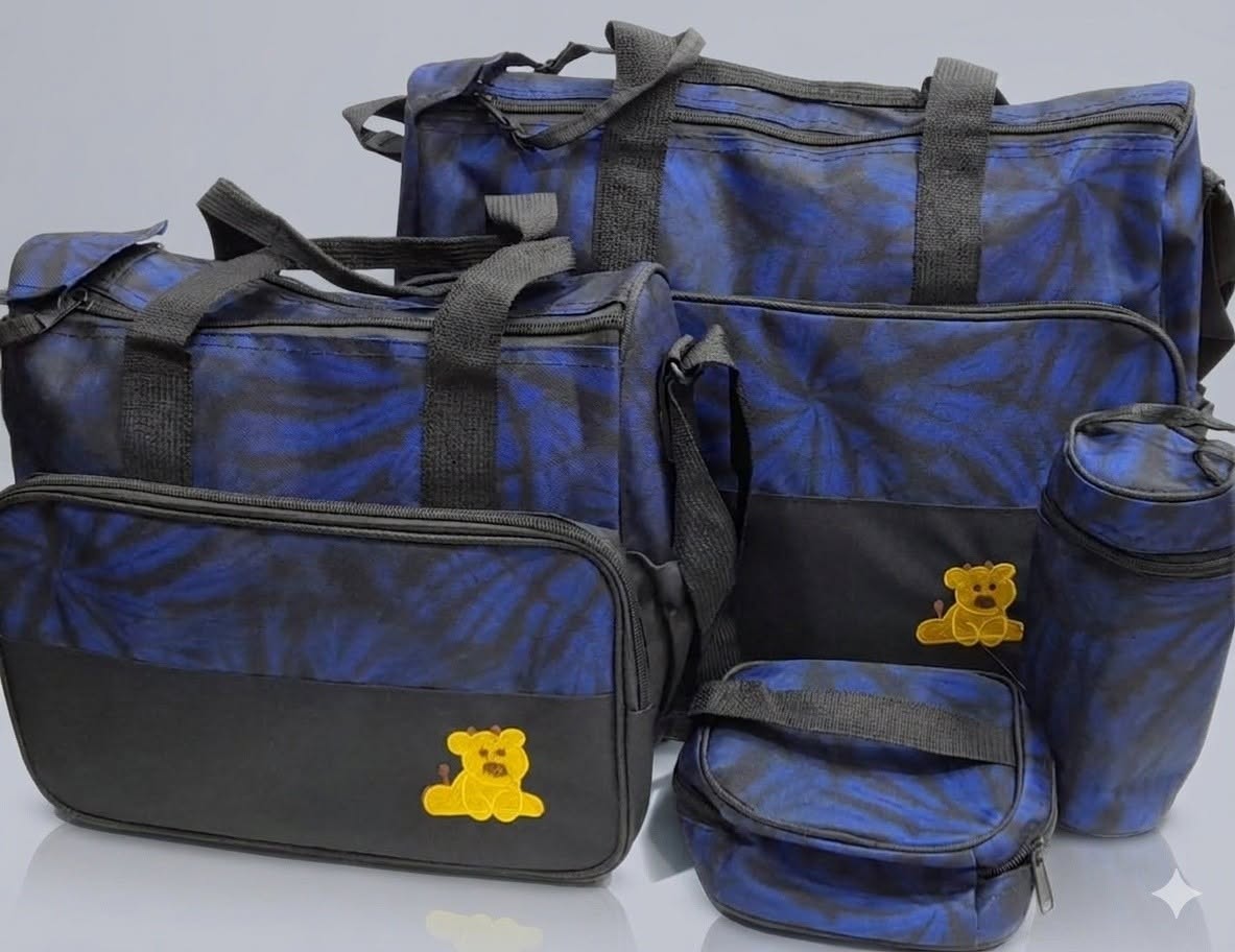 Blue 4-piece baby diaper bag set with travel bags, bottle holder and accessory pouch for newborn essentials