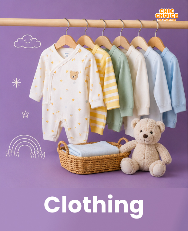 Premium baby and kids clothing collection with newborn outfits, rompers, dresses and everyday wear at Chic Choice Pakistan