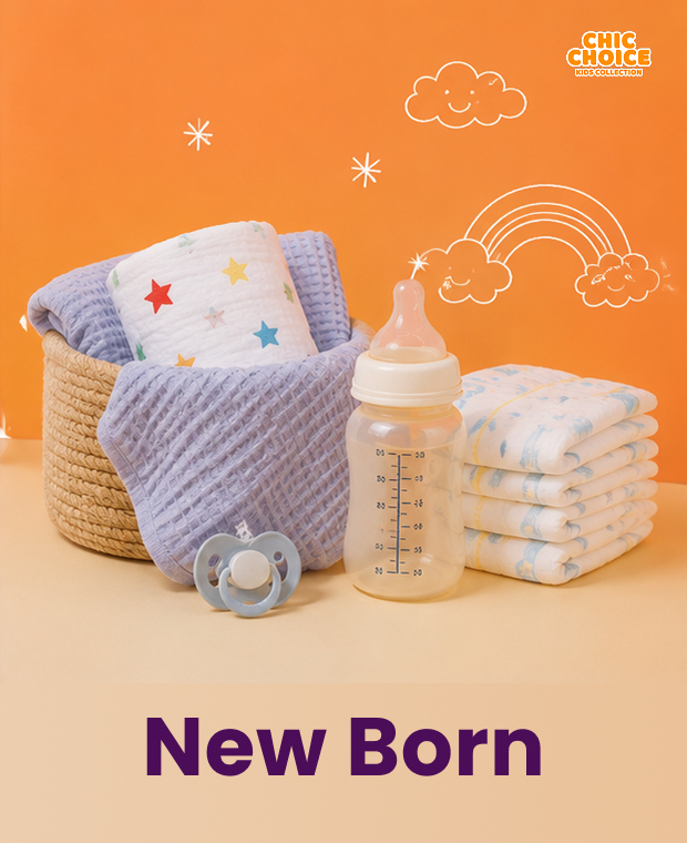 Premium newborn essentials including baby clothing, swaddles, blankets, bottles and daily baby products at Chic Choice Pakistan